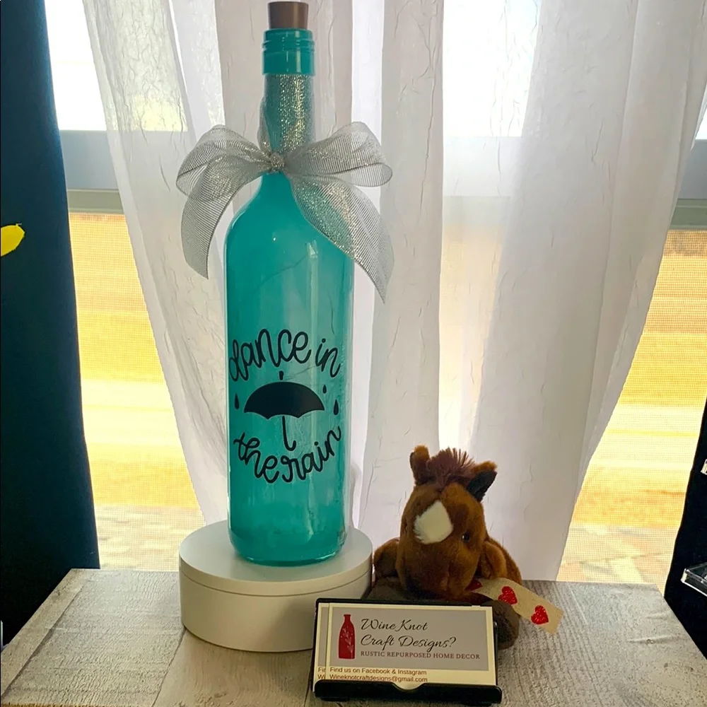 Hand Crafted Blue ‘Dance in the Rain’ Wine Bottle Lantern
